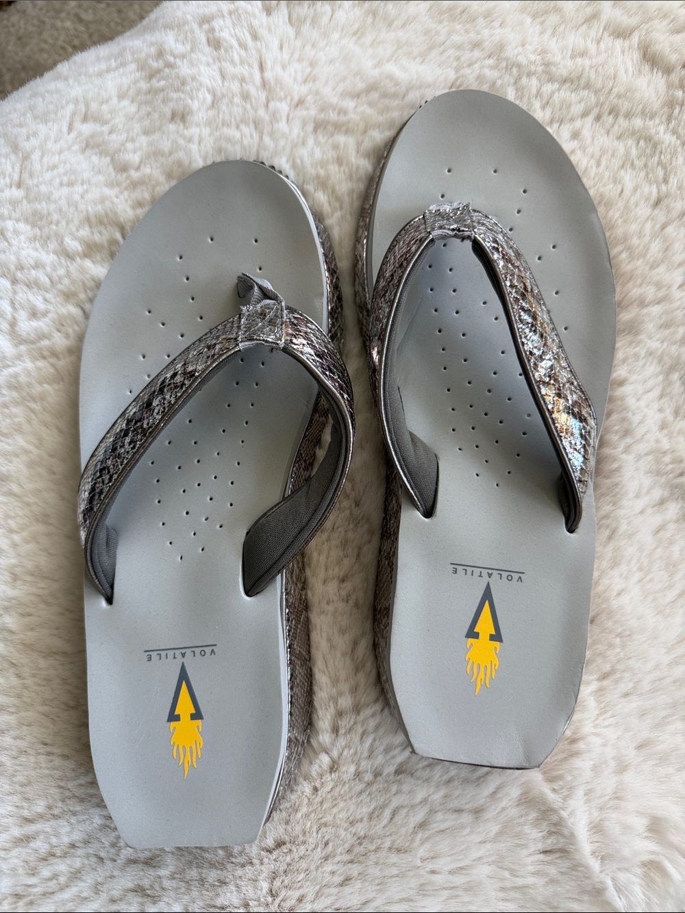 Volatile Silver-Gray Flip Flop Sandals with Metallic Snake-Print Straps